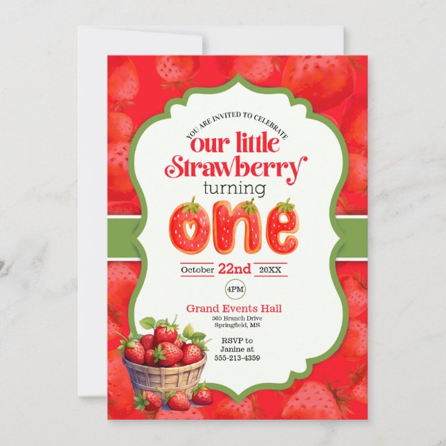 Strawberry first birthday invitation (Front)