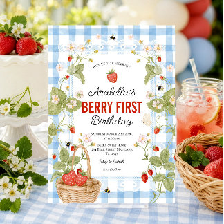 Strawberry first birthday invitation