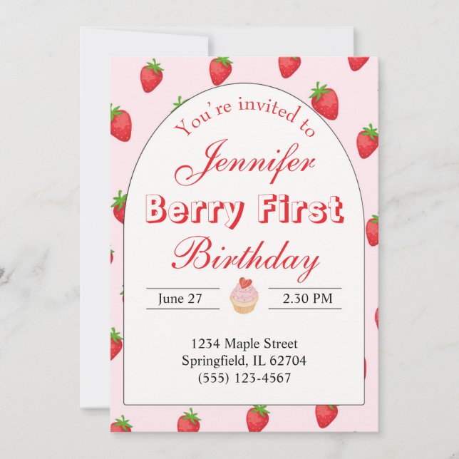 Strawberry First Birthday Invitation Berry (Front)