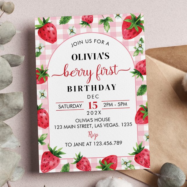 Strawberry First Birthday Invitation Berry Sweet (Creator Uploaded)