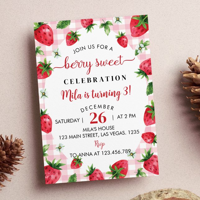 Strawberry First Birthday Invitation Berry Sweet (Creator Uploaded)