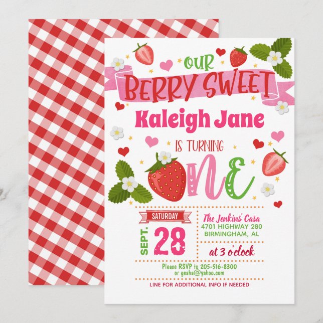 Strawberry First Birthday Invitation - ONE (Front/Back)