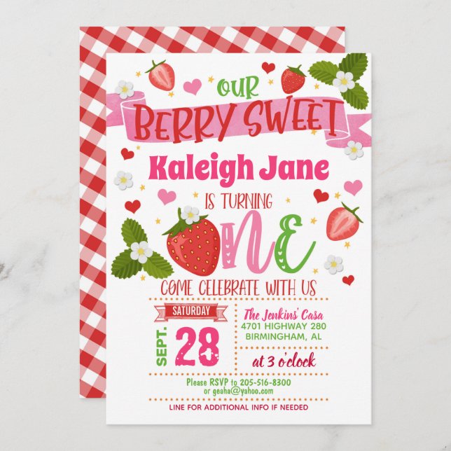 Strawberry First Birthday Invitation - ONE - CWU (Front/Back)