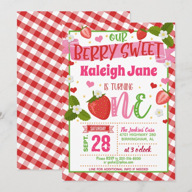 Strawberry First Birthday Invitation - ONE Gingham (Front/Back)