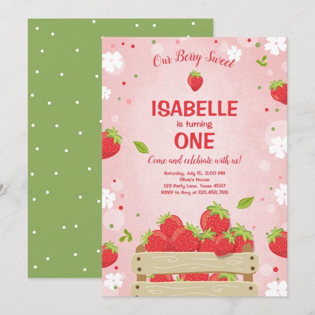 Strawberry First Birthday Invitation Summer Fruit (Front/Back)