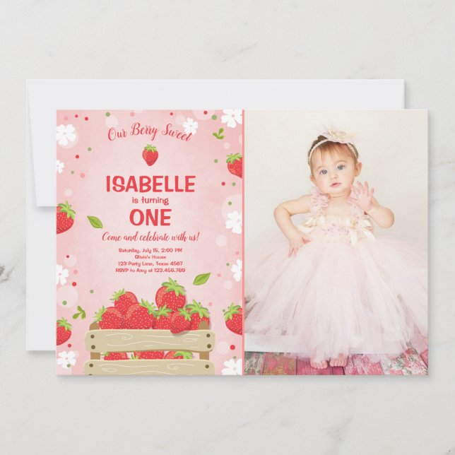 Strawberry First Birthday Invitation Summer Fruit (Front)