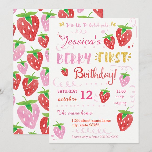 Strawberry First Birthday Party Berry Watercolor Invitation (Front/Back)
