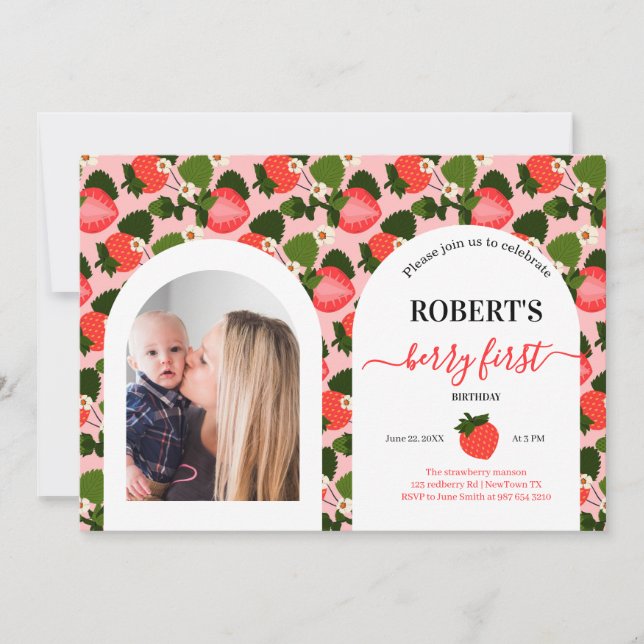 Strawberry first birthday personalised photo invitation (Front)