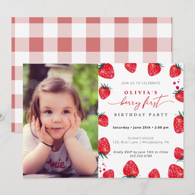 Strawberry First Birthday Photo Invitation (Front/Back)