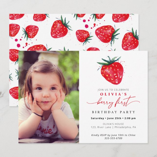 Strawberry First Birthday Photo Invitation (Front/Back)