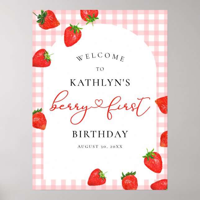 Strawberry First Birthday Pink Berry Welcome Poster (Front)