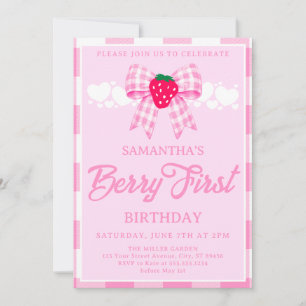 Strawberry First Birthday Pink Gingham Bow Invitation