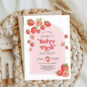 Strawberry First Birthday Red Boho Arch Invitation