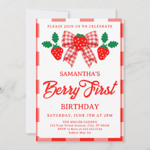 Strawberry First Birthday Red Gingham Bow Invitation