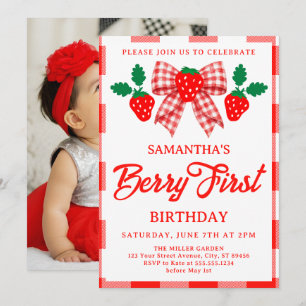 Strawberry First Birthday Red Gingham Bow Photo Invitation