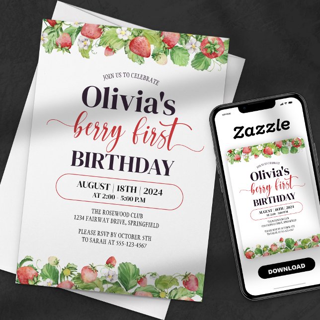 Strawberry First Birthday Watercolor Berry First Invitation (Creator Uploaded)