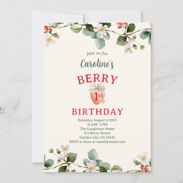 Strawberry Floral First Girls Birthday Invitation (Front)
