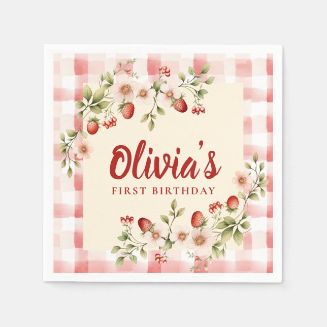 Strawberry Floral Gingham First Birthday  Napkin (Front)