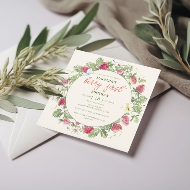 Strawberry Floral Photo Girl Berry First Birthday Invitation (Creator Uploaded)