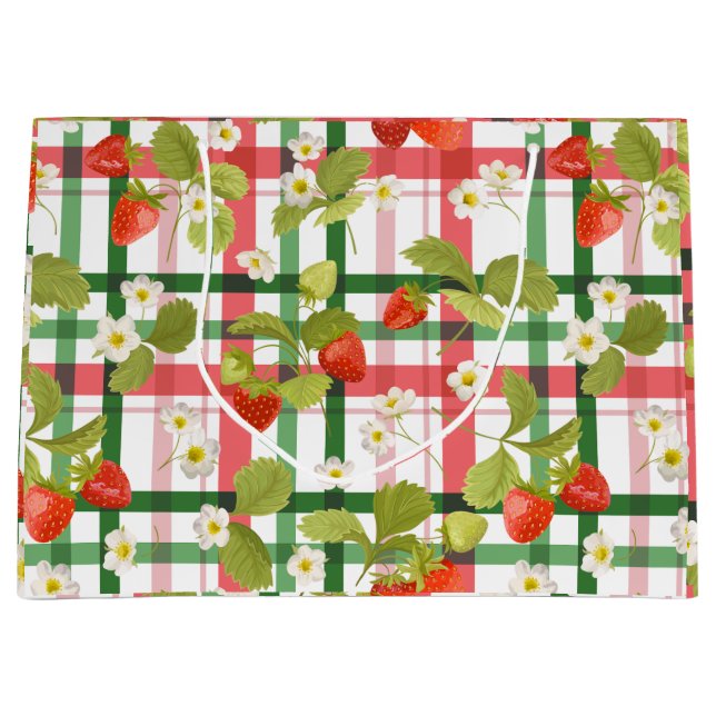 Strawberry Floral Pink and Green Plaid Large Gift Bag (Front)