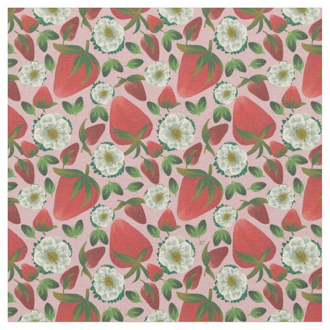 Strawberry Floral Pink Pattern Fabric (Close Up)