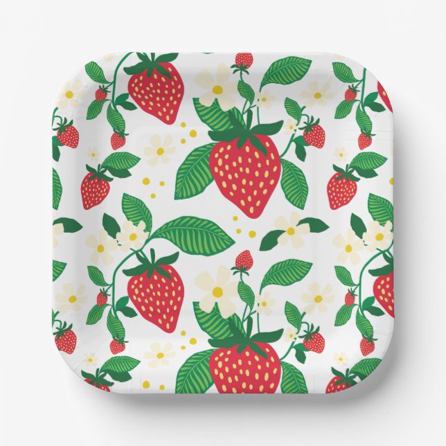 Strawberry Florals Whimsical  Paper Plate (Front)