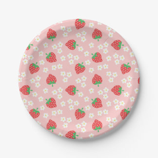 Strawberry Flowers Pink Pattern Paper Plate