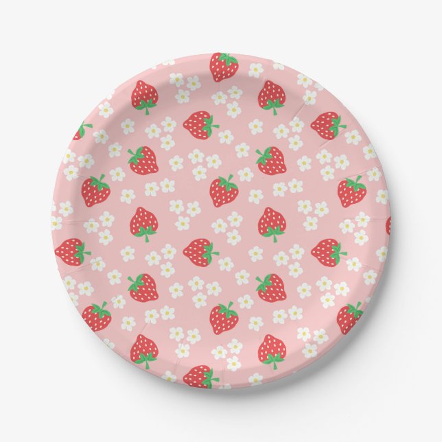 Strawberry Flowers Pink Pattern Paper Plate (Front)