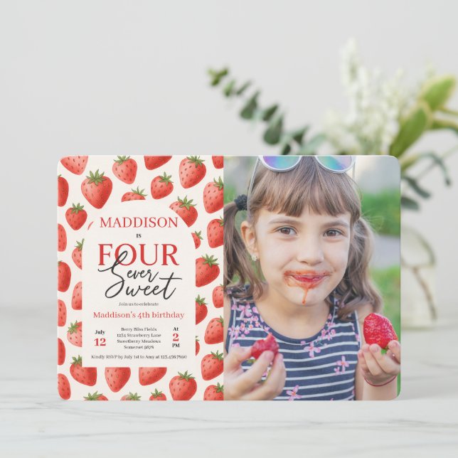 Strawberry Four Ever Sweet 4th Birthday Photo Invitation (Standing Front)