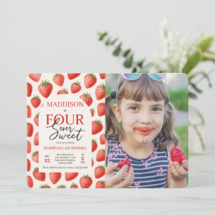 Strawberry Four Ever Sweet 4th Birthday Photo Invitation