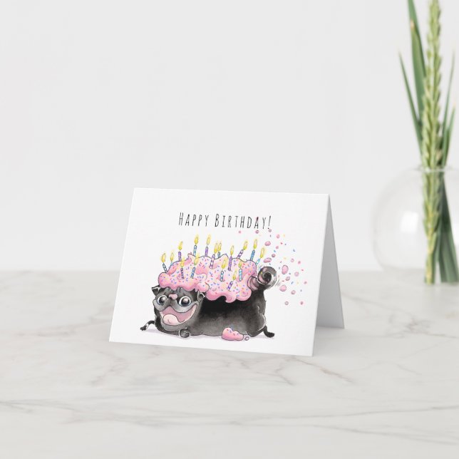 Strawberry Frosted Pug Cake black pug birthday Card (Front)