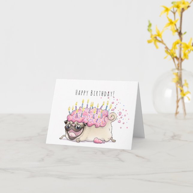 Strawberry Frosted Pug Cake funny birthday card (Yellow Flower)
