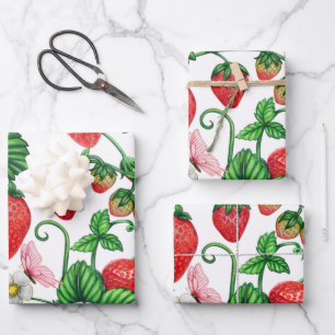 Strawberry Fruit and Strawberry Blossom Vibrant  Wrapping Paper Sheet
