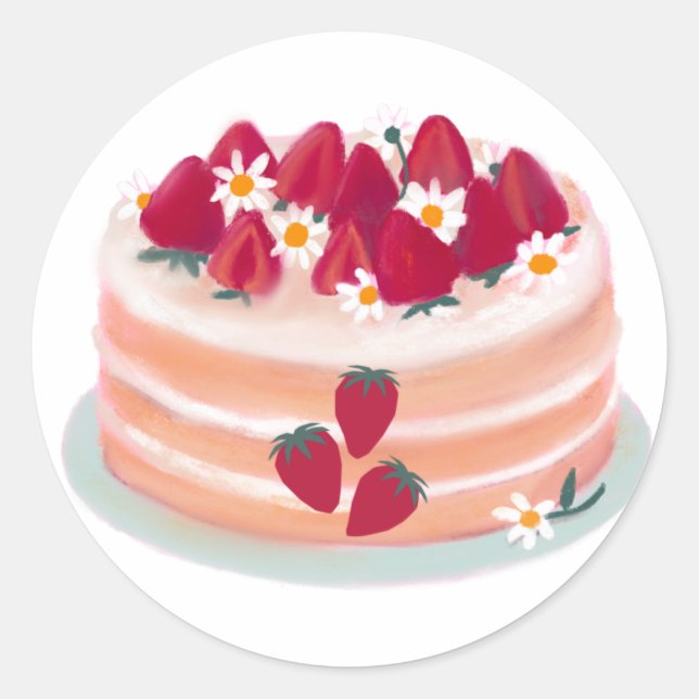 Strawberry Fruit Cake and Daisy Flowers Classic Round Sticker (Front)