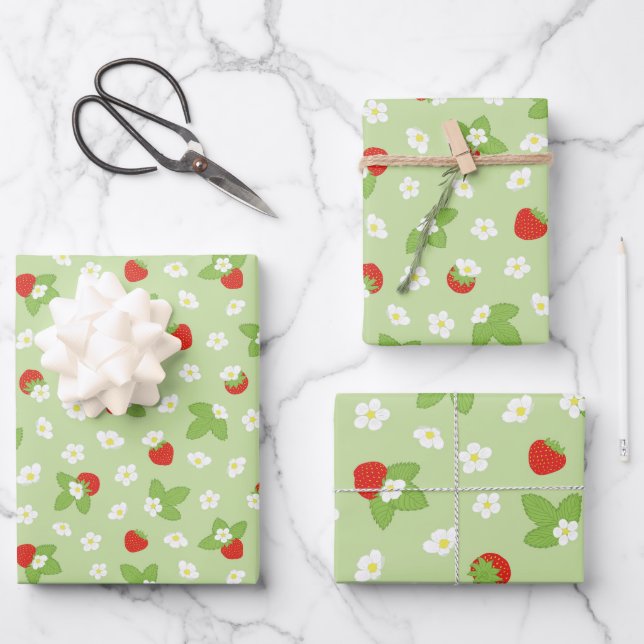 Strawberry Fruit Floral Red Green Pattern Wrapping Paper Sheet (Front)