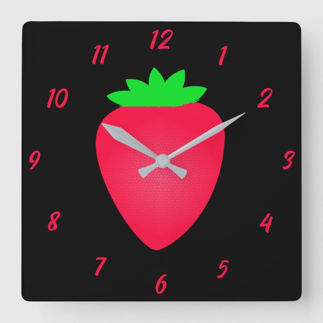 Strawberry Fruit Girls Boys Nursery Red Black Cute Square Wall Clock (Front)