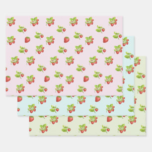 Strawberry Fruit, Leaves and Flowers Wrapping Paper Sheet
