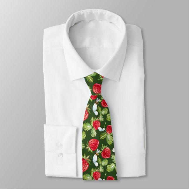 Strawberry Fruit, Leaves and Honey Bee  Tie (Tied)