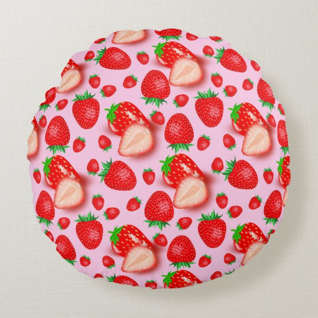 Strawberry Fruit On Pink Colour Round Cushion (Front)
