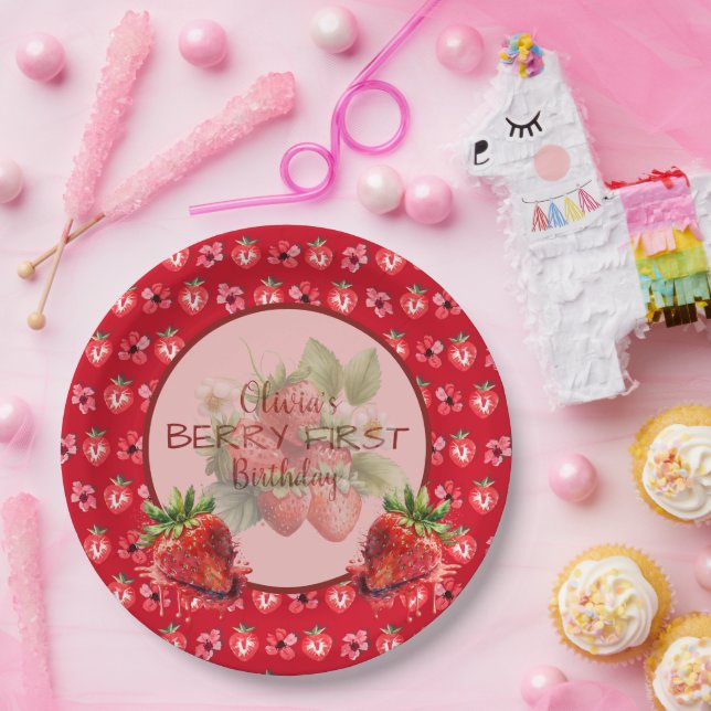 Strawberry Fruit Very First Birthday  Paper Plate (Party)