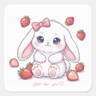 Strawberry Gaze Bunny - Adorable Anime Eyes & Ribb Square Sticker