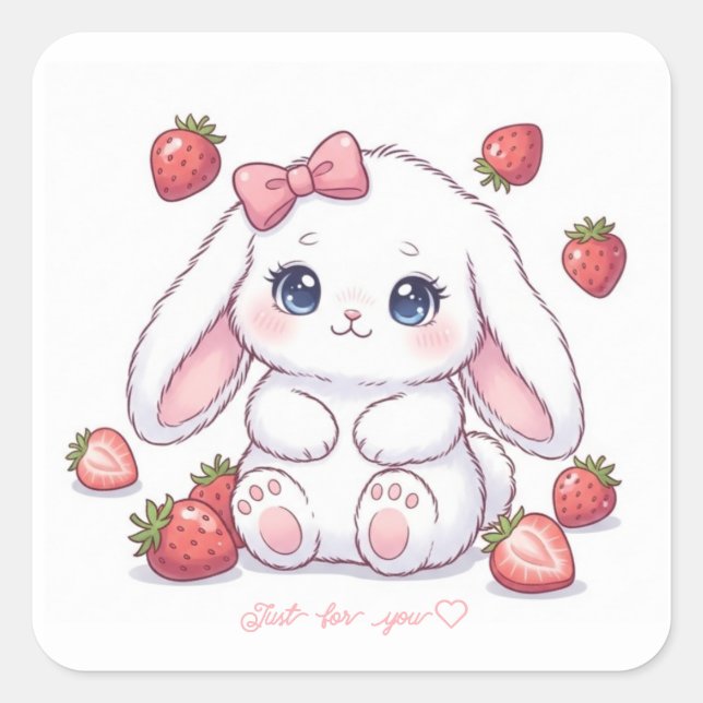 Strawberry Gaze Bunny - Adorable Anime Eyes & Ribb Square Sticker (Front)