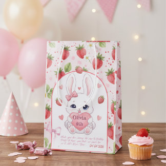Strawberry Gaze Bunny - Cute Anime Eyes & Ribbon Medium Gift Bag