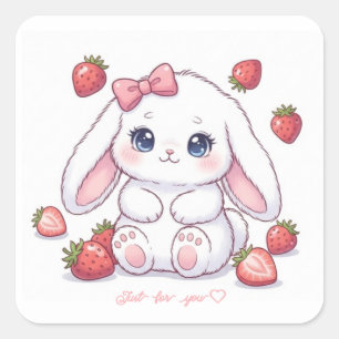 Strawberry Gaze Bunny - Cute Anime Eyes & Ribbon Square Sticker