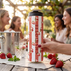 Strawberry Gingham Bow Red Stripe Watercolor Thermal Tumbler