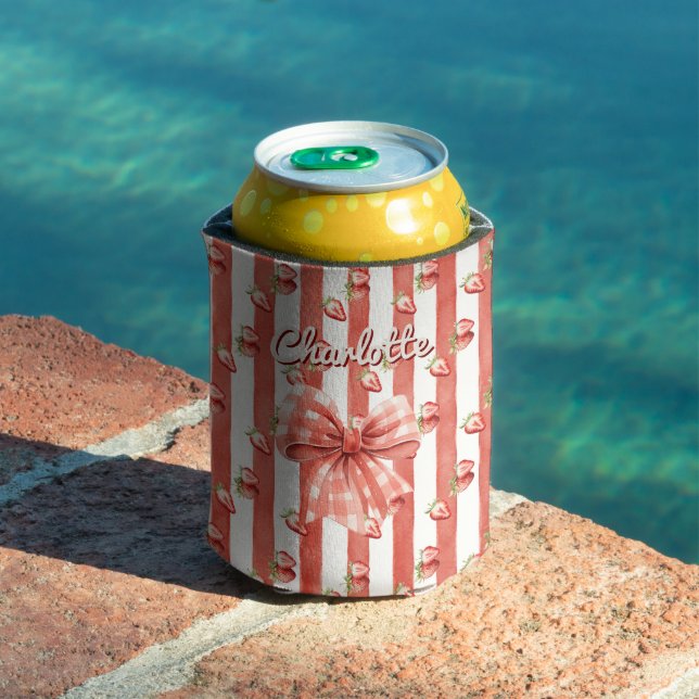 Strawberry Gingham Bow Red Stripes Name Can Cooler (In Situ Pool)