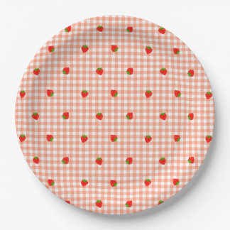 Strawberry & Gingham Check (Salmon Pink) Paper Plate