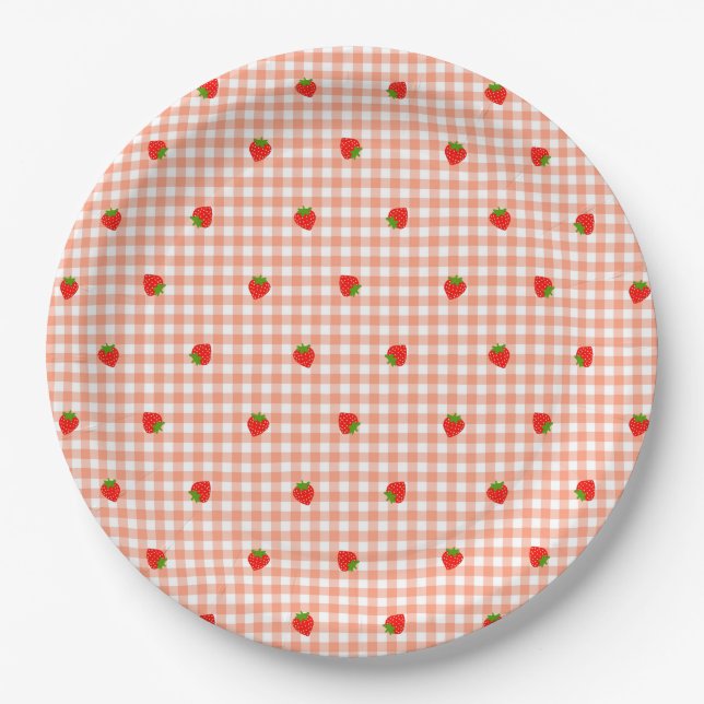 Strawberry & Gingham Check (Salmon Pink) Paper Plate (Front)