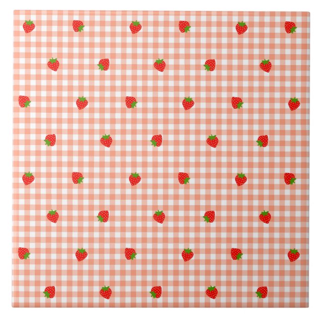 Strawberry Gingham Check Salmon Pink Tile (Front)
