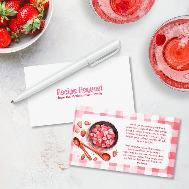 Strawberry Gingham Cute Recipe Request Baby Shower Enclosure Card (Strawberry Recipe card Request Baby Shower Invite set Watercolor Gingham Retro Cottagecore Custom )